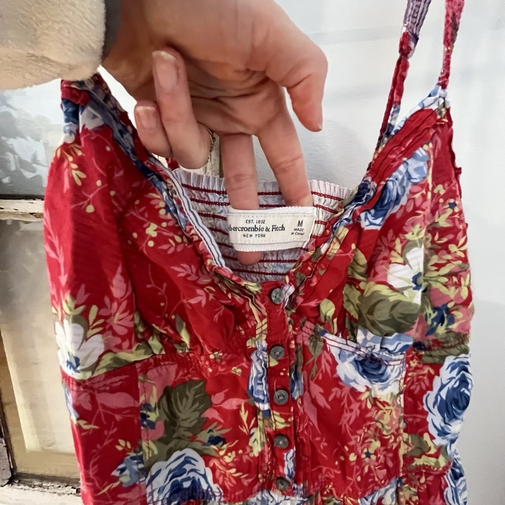 Abercrombie Red Floral‎ Babydoll Mini Tropical Resort Beachy Summer Dress Medium - Picture 2 of 5